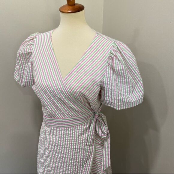 Draper James RSVP Pink Green Striped Seersucker Puff Sleeve Wrap Dress sz M - Picture 3 of 7